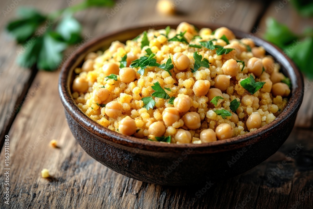 A delicious bowl of couscous with chickpeas and fresh herbs, showcasing a warm and inviting meal. A delicious bowl of couscous with chickpeas and fresh herbs, showcasing a warm and inviting meal.