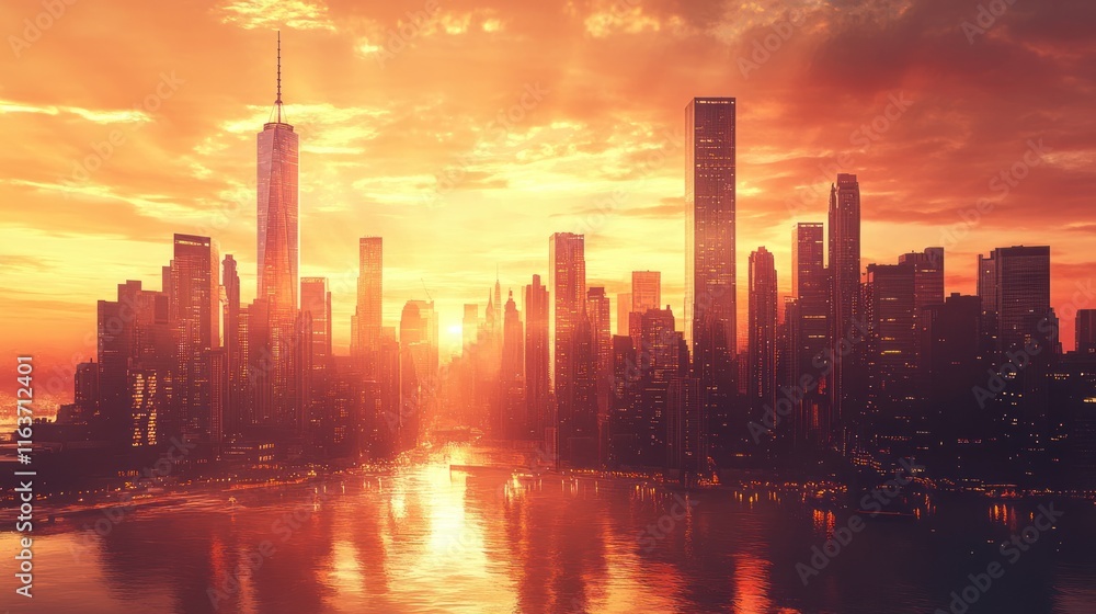 Fototapeta premium Manhattan Skyline at Sunset: A fiery spectacle of urban architecture