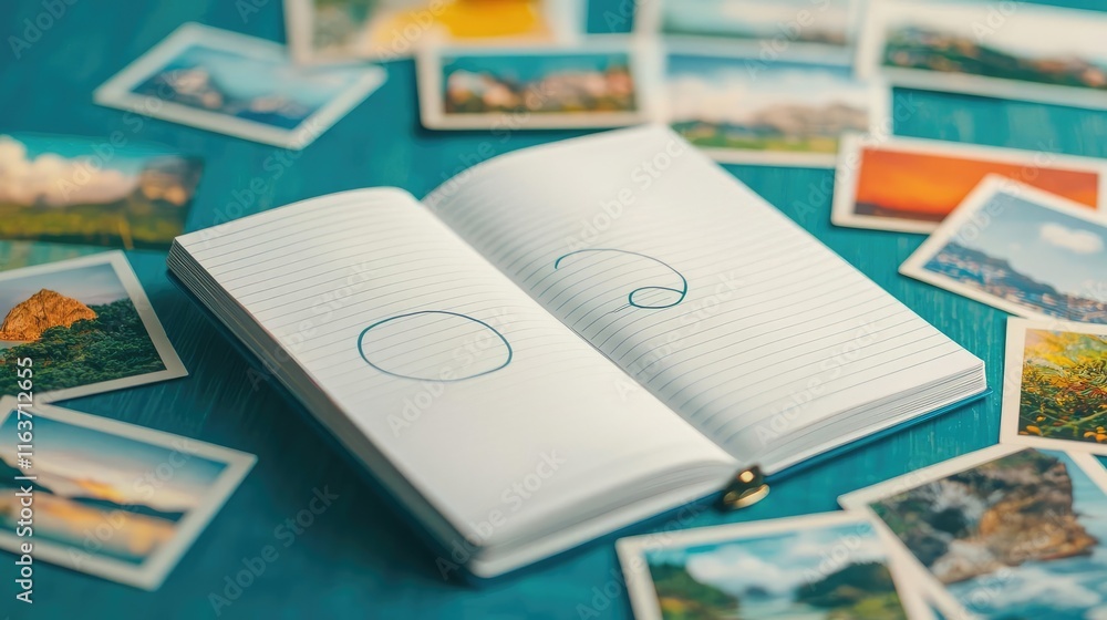 Getaway vacation concept. An open notebook with sketches, surrounded by colorful travel photographs. Getaway vacation concept. An open notebook with sketches, surrounded by colorful travel photographs.