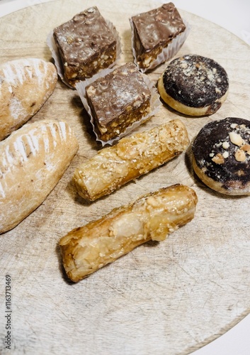 Traditional Arabic Sweets Selection on Wooden Table: A Colorful and Flavorful Feast. photo