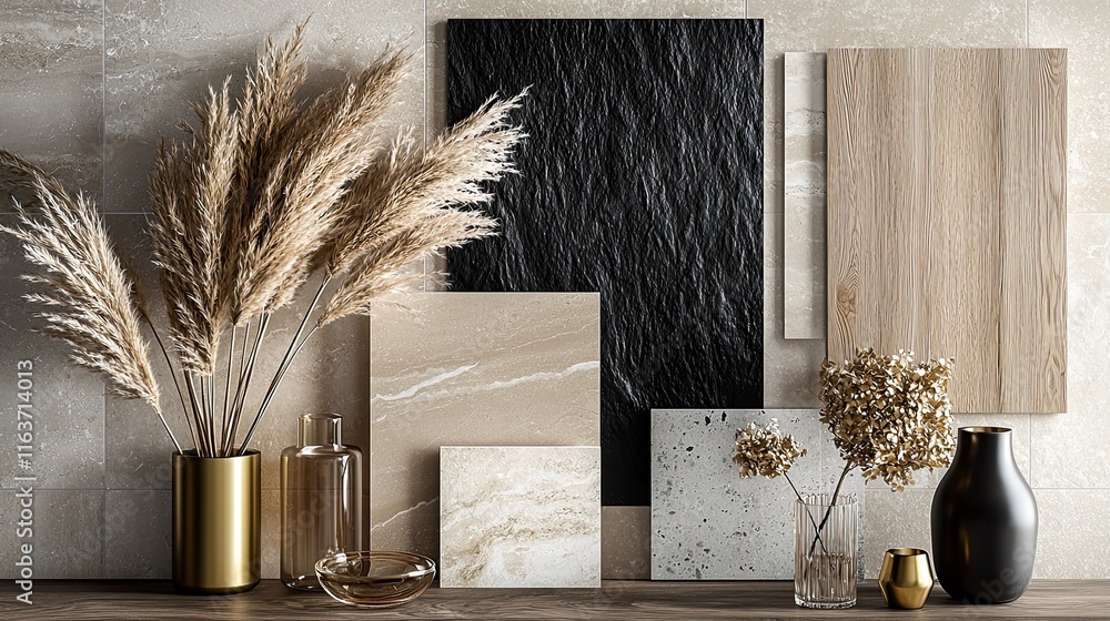 A cozy mood board with beige marble, light granite stone, honey oak wood swatches, black textured tiles, and soft gray walls