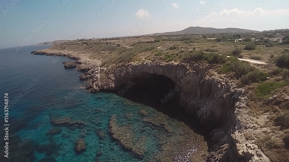 Obraz premium Aerial View Stunning Coastal Cave Turquoise Seacliff