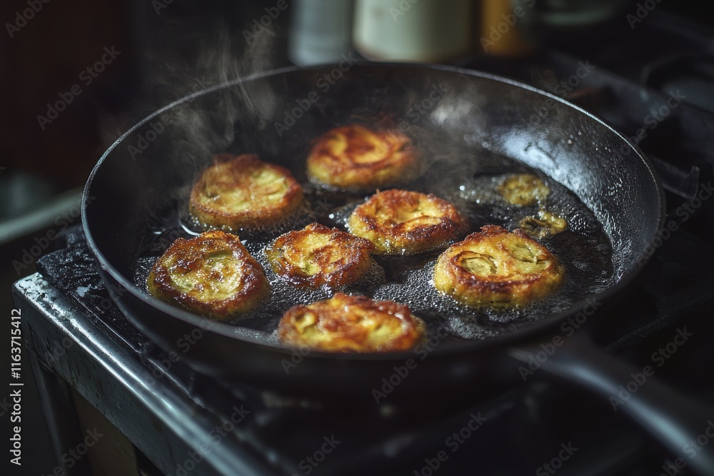 Golden-brown fried plantains sizzling in a black skillet, creating an inviting and delicious atmosphere. Golden-brown fried plantains sizzling in a black skillet, creating an inviting and delicious atmosphere.
