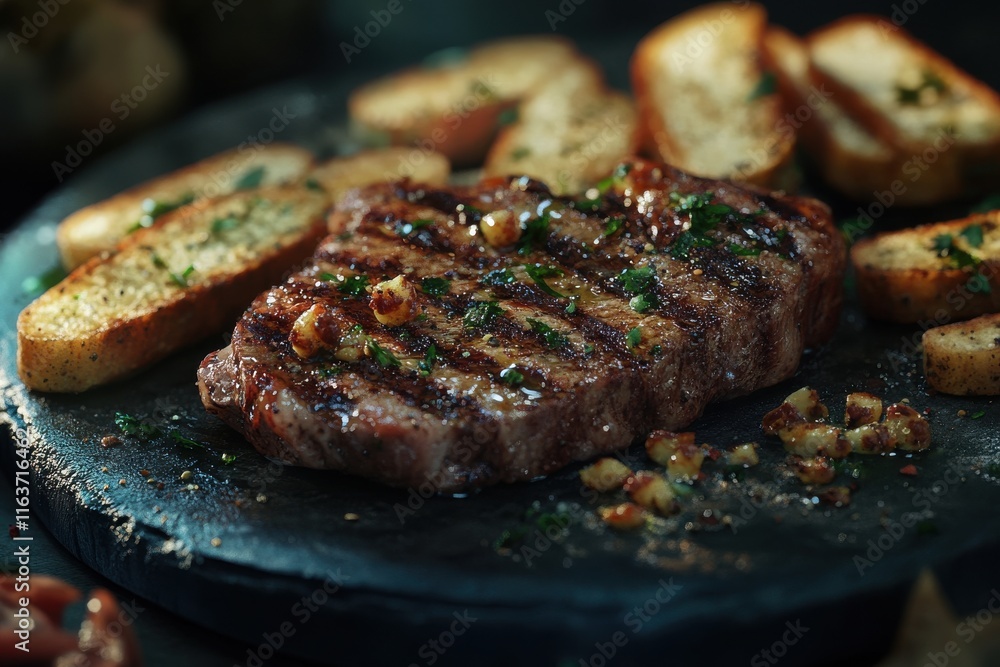 Juicy grilled steak served with golden-brown toasted bread on a rustic slate platter. Juicy grilled steak served with golden-brown toasted bread on a rustic slate platter.