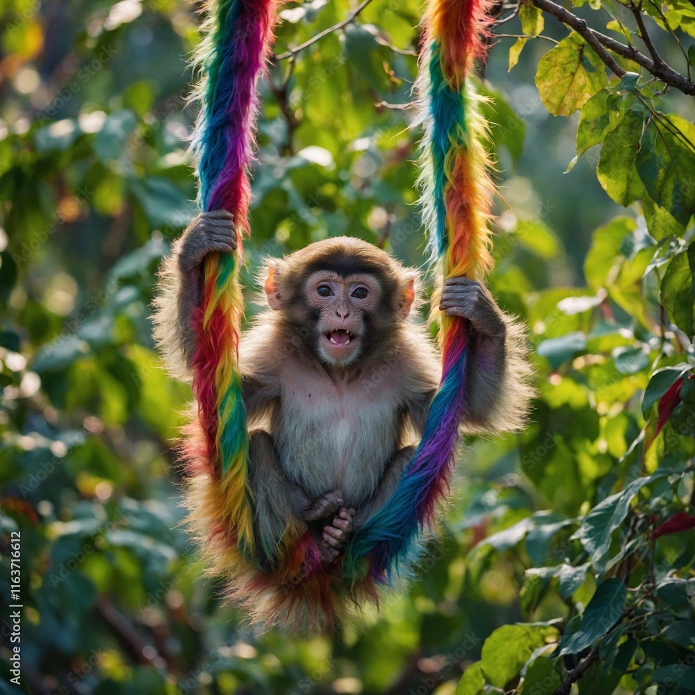 Obraz premium A monkey cub with fur in rainbow hues swinging from vines, with blurred treetops.