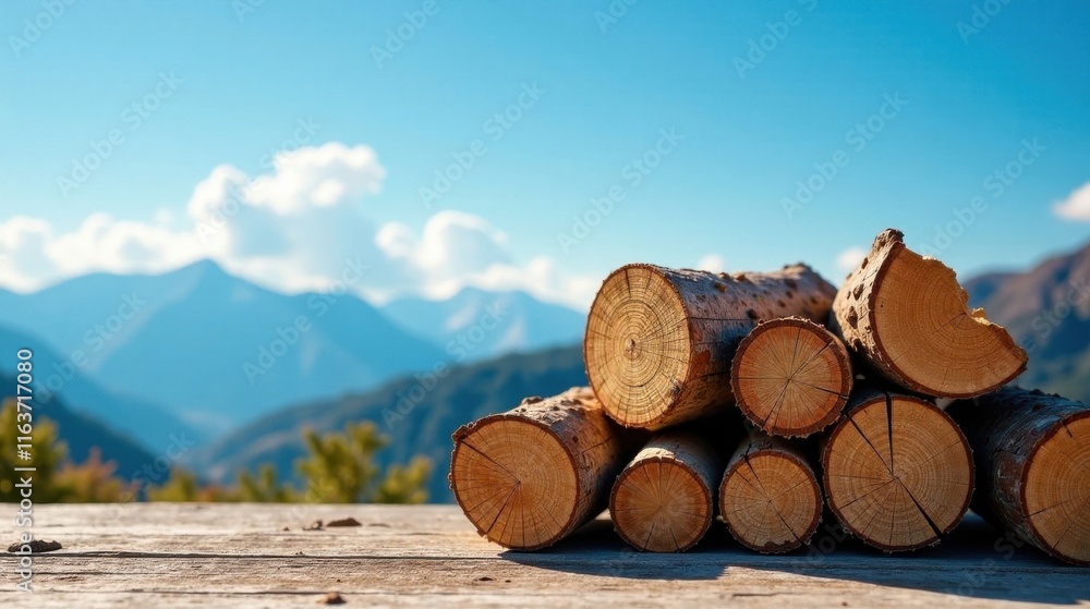 Stack of neatly cut logs rests on weathered wood surface against a scenic mountain backdrop