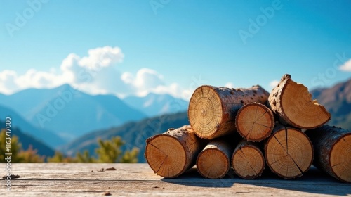 Stack of neatly cut logs rests on weathered wood surface against a scenic mountain backdrop photo