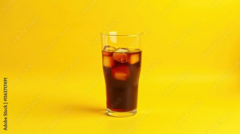 Refreshing Dark Beverage with Ice Cubes in a Tall Glass Against a Vibrant Yellow Background Refreshing Dark Beverage with Ice Cubes in a Tall Glass Against a Vibrant Yellow Background