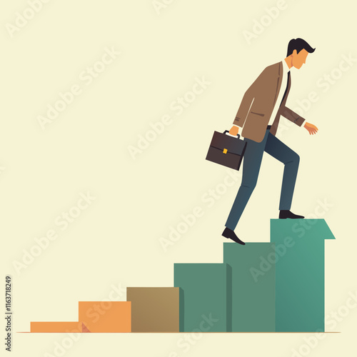 Consistency to growth, reliability or stability to progress in career development, balance or steady step, continuity growing, certainty concept, businessman walk slowly on steady consistence arrow.