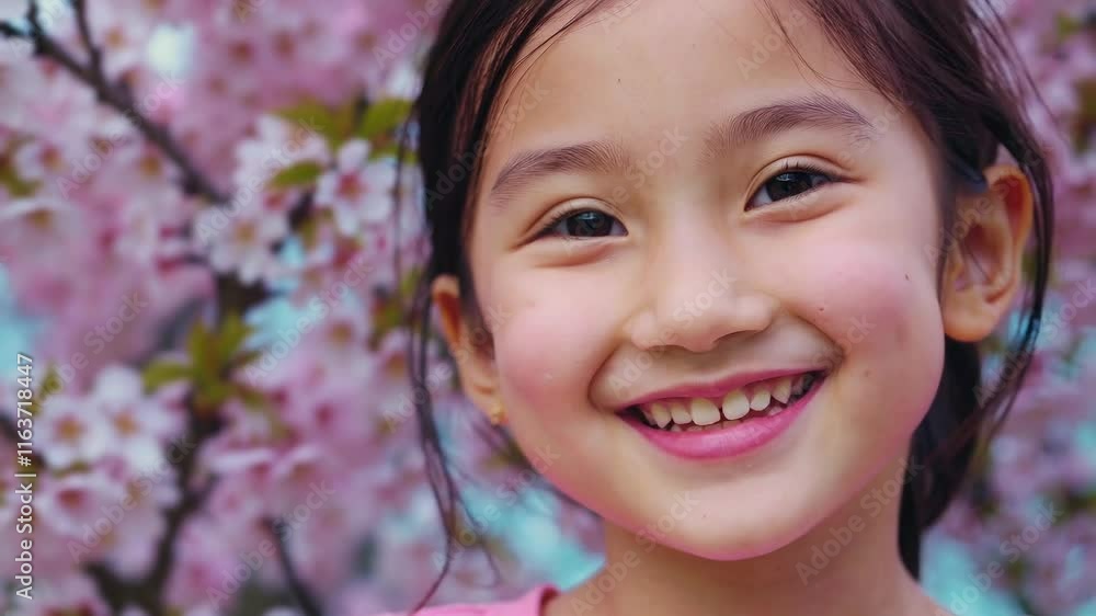 Closeup portrait of a pretty cute Asian 5-year-old little girl looking at the camera and smiling among cherry blossom in spring springtime. Closeup portrait of a pretty cute Asian 5-year-old little girl looking at the camera and smiling among cherry blossom in spring springtime.