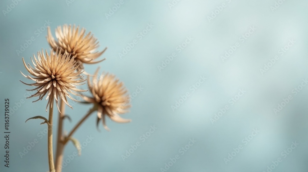 Dried flower arrangement against a soft blue backdrop, showcasing delicate textures and subtle color variations, ideal for minimalist design and calming aesthetics. Dried flower arrangement against a soft blue backdrop, showcasing delicate textures and subtle color variations, ideal for minimalist design and calming aesthetics.