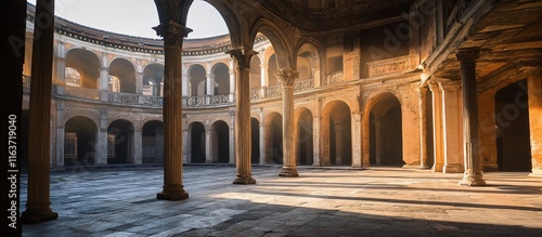 Ancient stone courtyard with arches and columns.