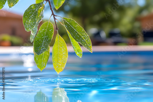 Green leaves over a clear blue pool, water droplets dripping.