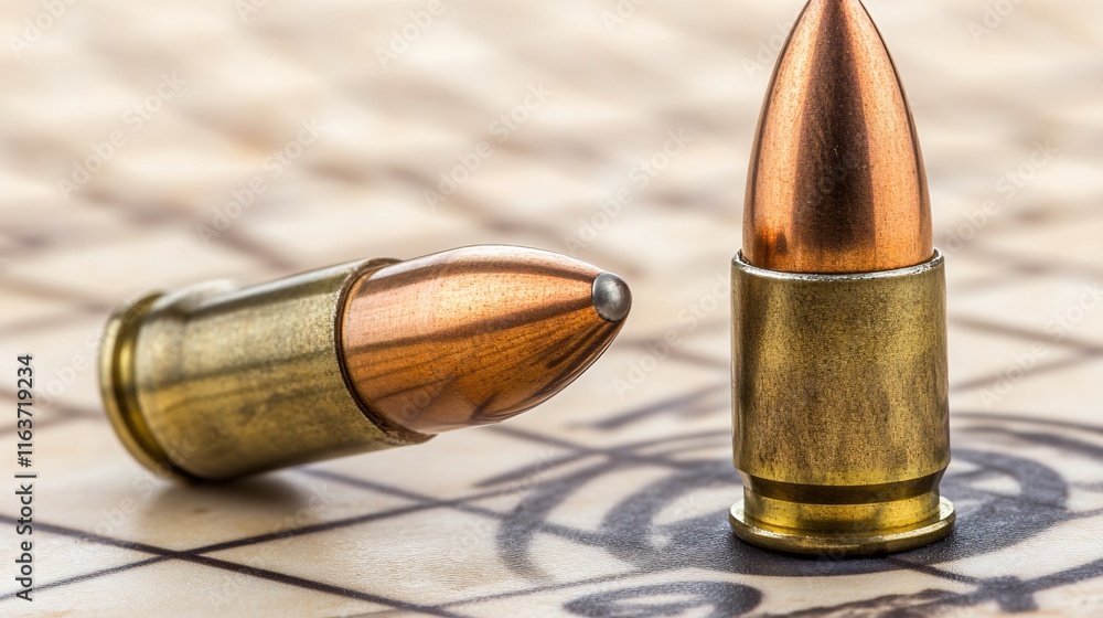 Closeup of Two 9mm Bullets on Target Practice Paper Closeup of Two 9mm Bullets on Target Practice Paper