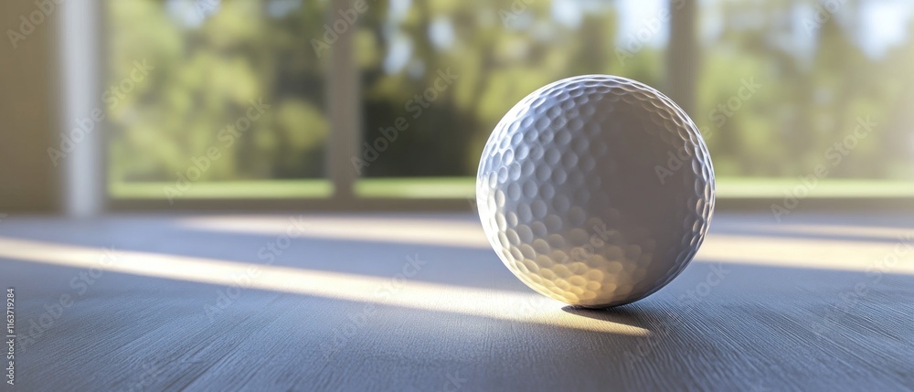 Golf ball on wooden surface near window. Golf ball on wooden surface near window.