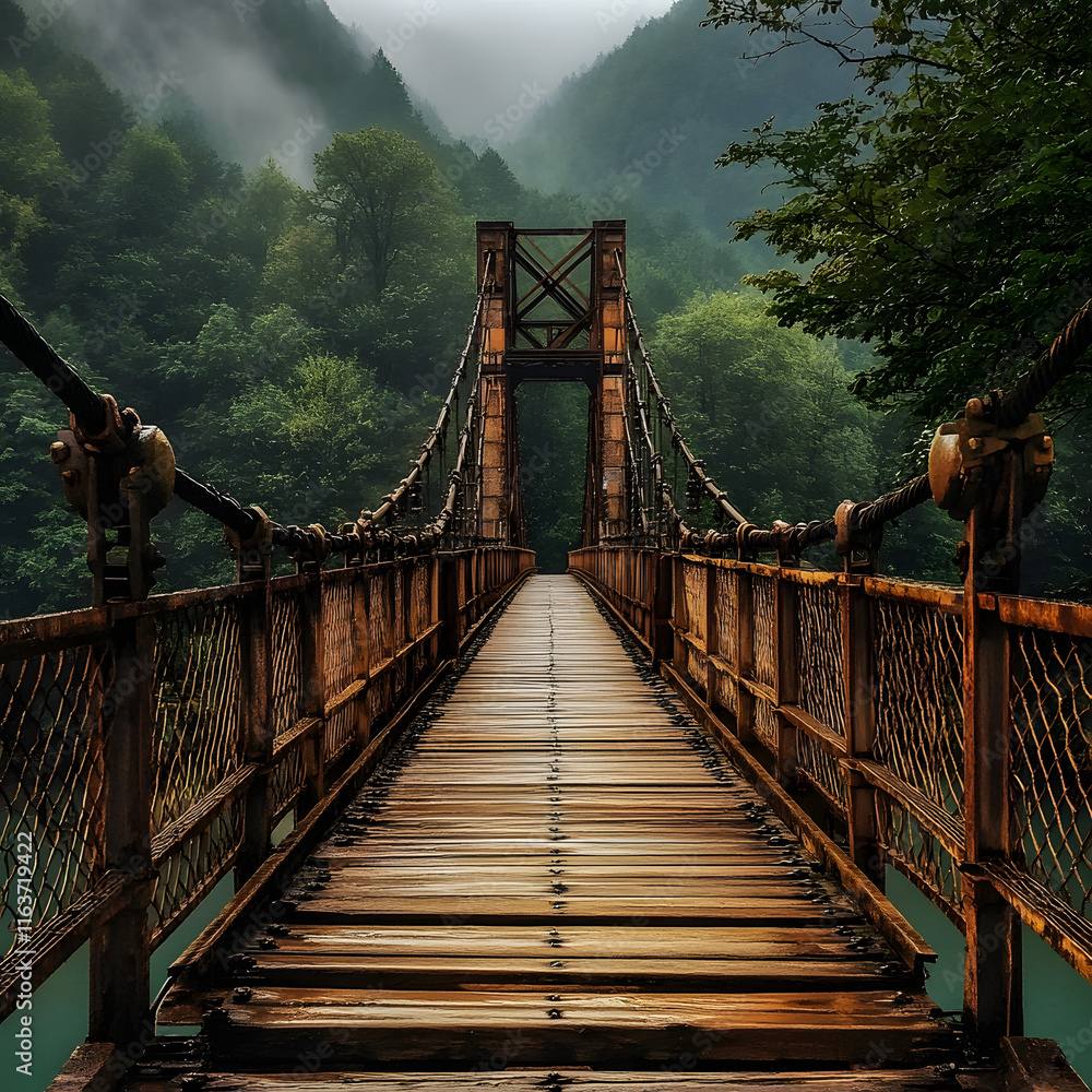 Fototapeta premium A bridge that starts with a modern, sleek design on one end, gradually transitioning to a more traditional, rustic style on the other end, blending two architectural styles.