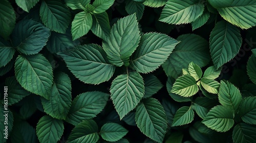 A close-up view of lush green leaves in various shapes and sizes.