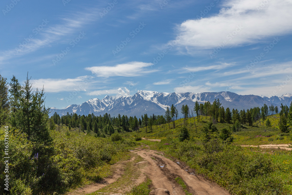 Beautiful view on the road to the Aktash repeater (Aktashsky transponder). Altai republic, Russia Beautiful view on the road to the Aktash repeater (Aktashsky transponder). Altai republic, Russia