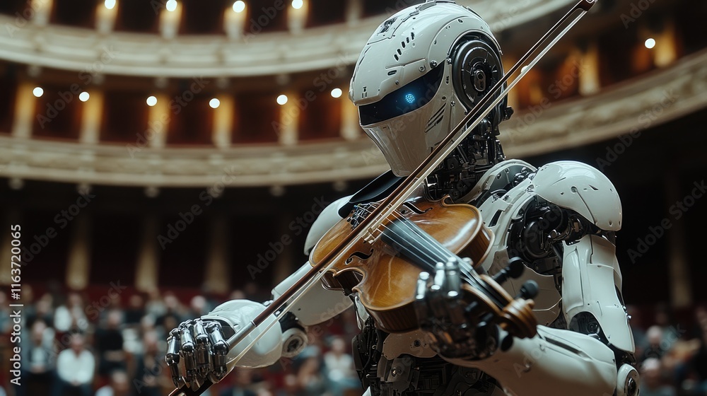 Fototapeta premium A humanoid robot playing the violin on stage, captivating an audience in a grand theater.