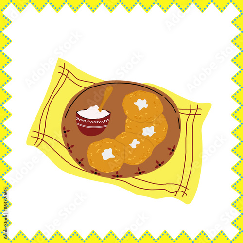 Ukrainian deruns. Delicious and aromatic homemade darunas with sour cream served in a plate. Ukrainian national cuisine