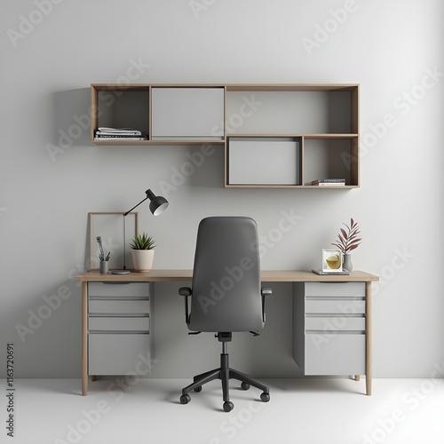 home office desk in the light grey interior with modern stylsh furnitre photo