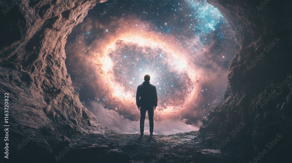 Cosmic Gateway: A Man Contemplates the Universe from a Cave Cosmic Gateway: A Man Contemplates the Universe from a Cave