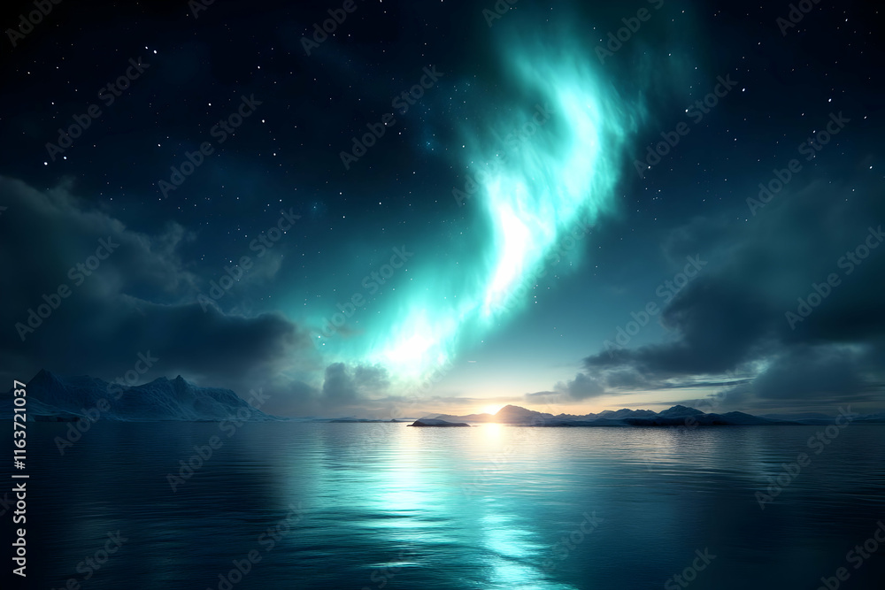 Vibrant aurora borealis over tranquil arctic seascape at sunset. Vibrant aurora borealis over tranquil arctic seascape at sunset.