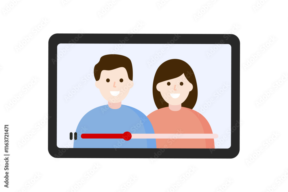 Man and woman character online video on mobile phone screen. Technology, media, streaming, internet, social concepts. Flat vector design isolated illustration. Man and woman character online video on mobile phone screen. Technology, media, streaming, internet, social concepts. Flat vector design isolated illustration.