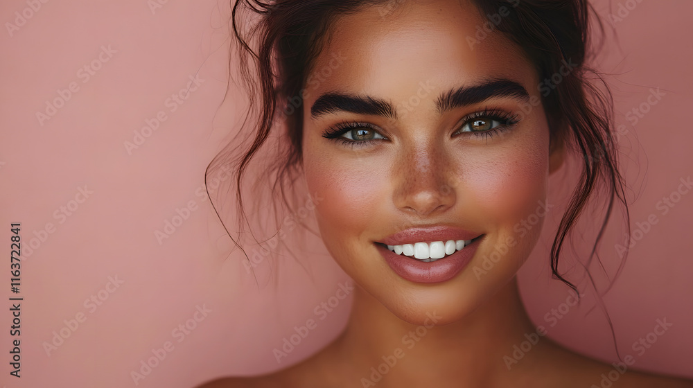 Naklejka premium Portrait of a woman showcasing skincare and beauty cosmetics, with space for text.