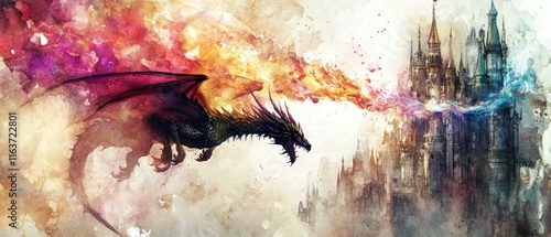 Fiery dragon attacking a majestic castle in a watercolor painting. photo