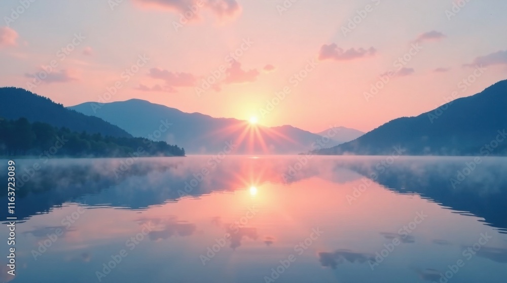 Obraz premium Serene Sunrise Over Misty Mountain Lake with Peaceful Reflection