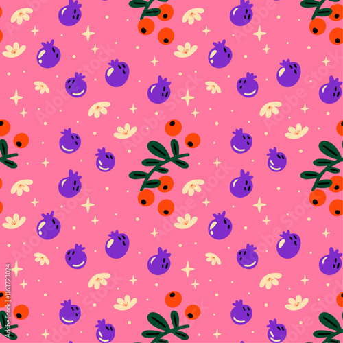 Summer food seamless vector pattern with cute groovy funky cartoon illustration of berries and flowers, blueberry, cranberry on pink background