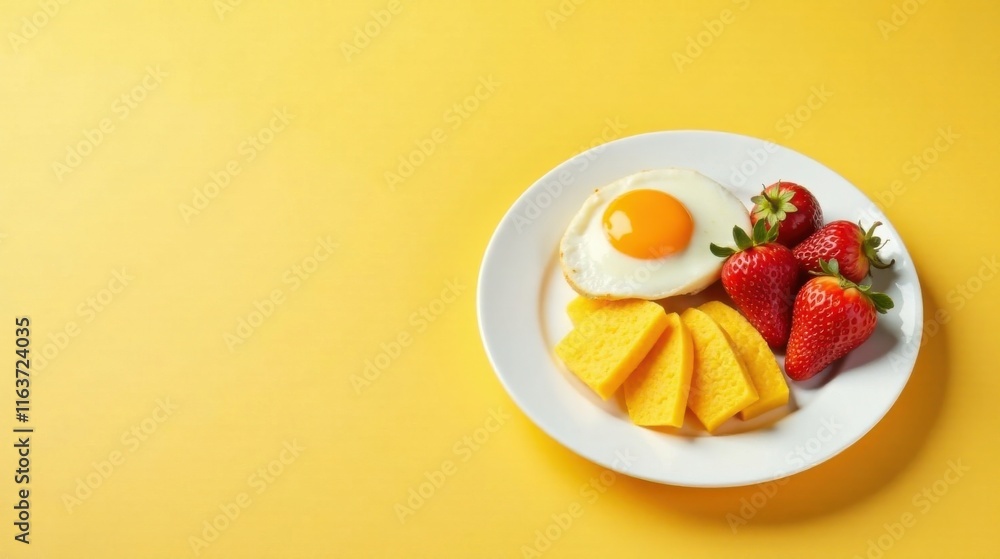 A sunny-side-up egg, cheese slices, and fresh strawberries arranged on a plate against a vibrant yellow background. A sunny-side-up egg, cheese slices, and fresh strawberries arranged on a plate against a vibrant yellow background.