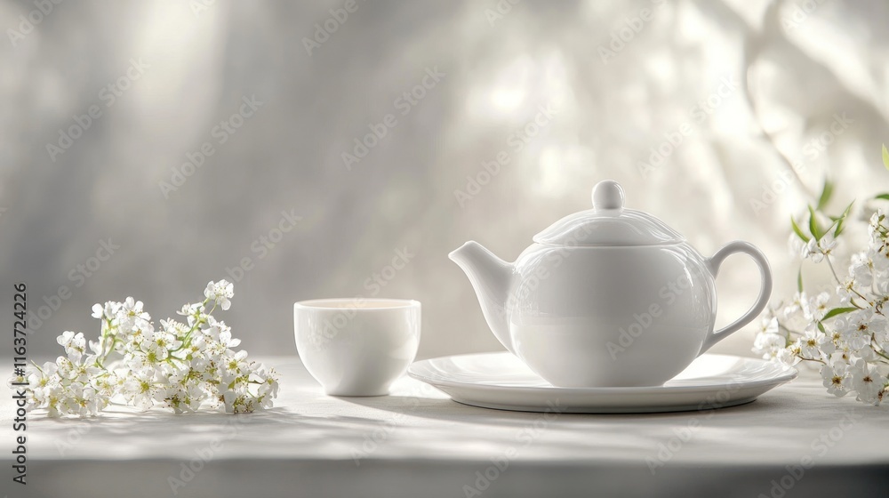 Serene Tea Time: A Still Life of White Tea Set and Blossoms Serene Tea Time: A Still Life of White Tea Set and Blossoms