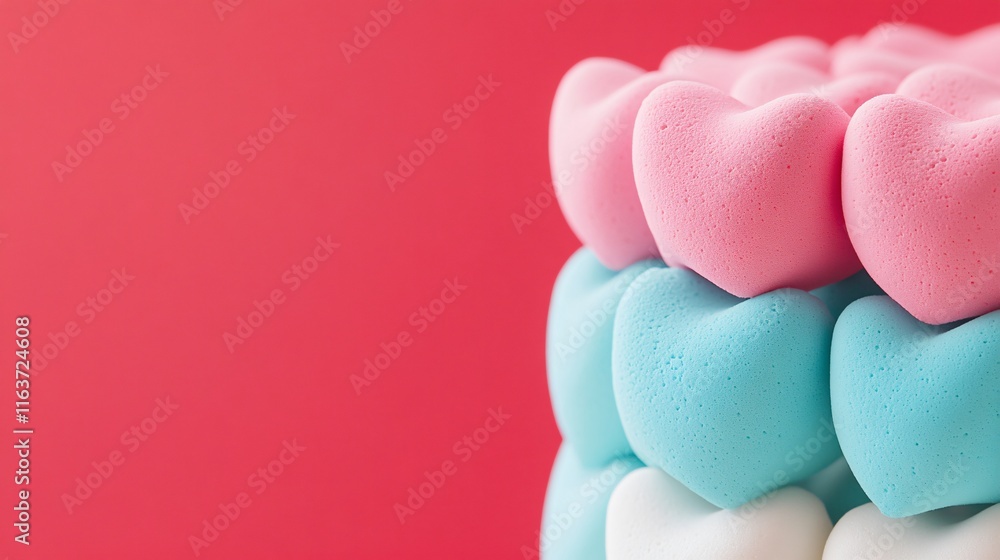 Obraz premium Pastel Pink Blue White Heart Shaped Sponges on Red Background