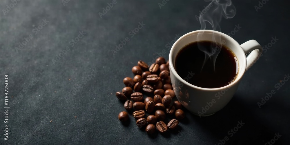 Aromatic Steam Rising From a Cup of Freshly Brewed Coffee Beside Roasted Beans on Dark Surface Aromatic Steam Rising From a Cup of Freshly Brewed Coffee Beside Roasted Beans on Dark Surface
