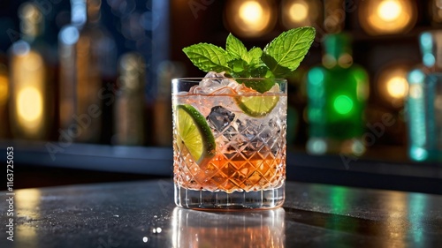 Cocktail with Lime and Mint Garnish – Photorealistic Drink on Bar Counter photo