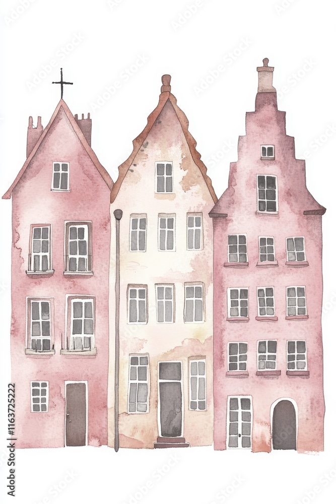 Fototapeta premium European Canal Houses and Streets in Watercolor
