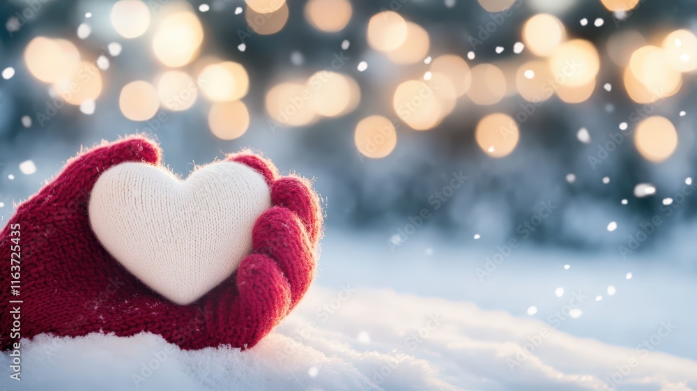 Fototapeta premium Woman wearing pink gloves holding a heart made of snow during winter season, with snowfall and sunset light in the background