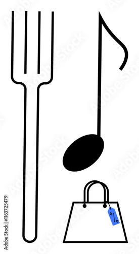 Fork, musical note, and shopping bag with price tag in minimalistic style. Ideal for dining, music, shopping, simplicity, consumerism creativity versatile design. Unique abstract line flat metaphor