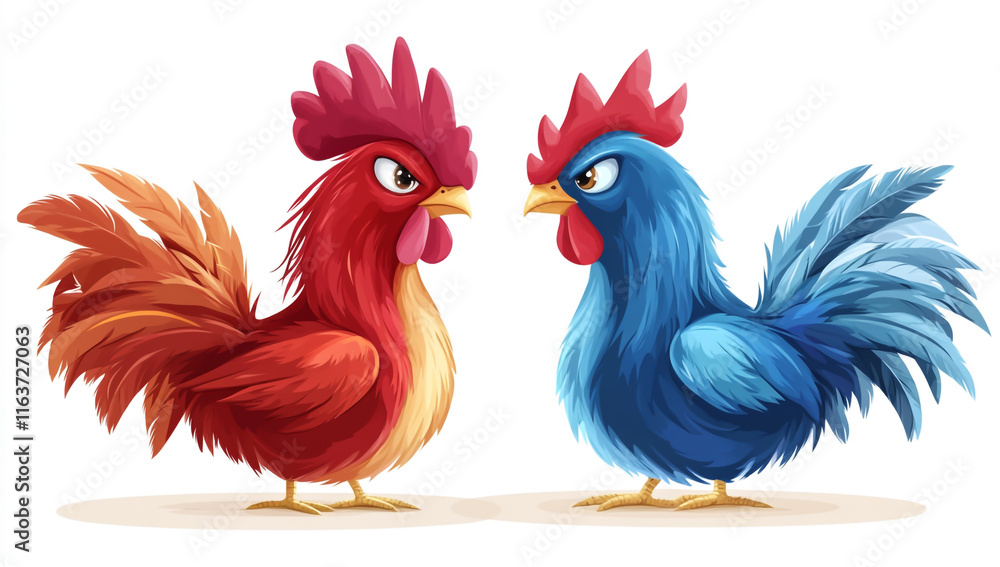 Fototapeta premium A red and blue rooster, vector illustration style, cartoon character, game character design illustration, white background