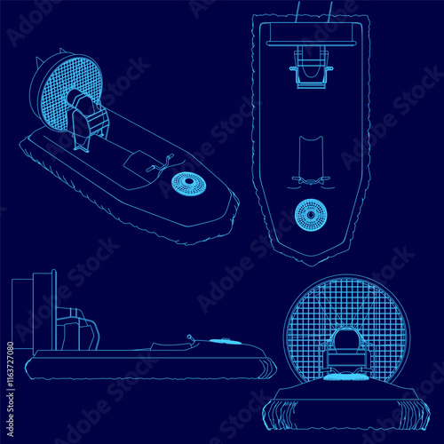 Blue drawing of a boat with a propeller and a fan. The boat is designed to be used for above the water exploration