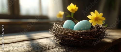 Two light blue Easter eggs in a bird's nest with yellow flowers on a wooden surface. photo