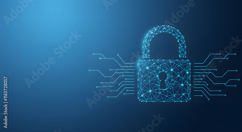 ia generated. Cyber security concept. Lock symbol from lines and triangles, point connecting network on blue background.