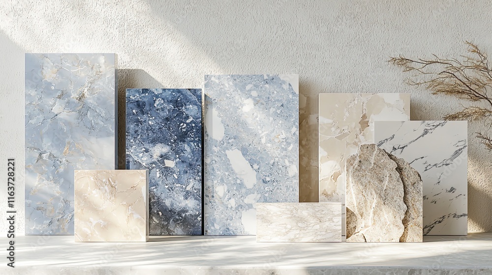 A material board with marble in cool blues, warm whites, and beige, paired with smooth granite and light stone textures