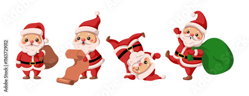 Funny Santa Clauses for merry Christmas flat color vector icon set. Fairy characters with sacks wish list and fun pack on white background