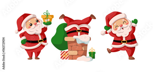 Cute Santa Clauses in funny situations flat color vector icon set. Christmas characters dancing stuck in chimney with gift pack on white