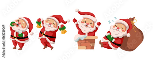 Joyful Santa Clauses brining happiness flat color vector icon set. Christmas holiday traditions characters pack on white background