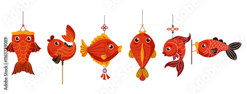 Vibrant red paper fish decorations flat color vector objects set. Symbols of prosperity and good luck illustration on white background