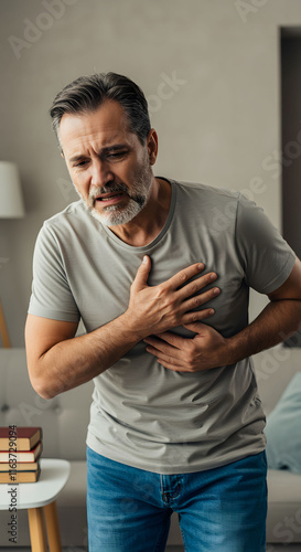 ia generated. Severe heartache, man suffering from chest pain, having painful. A man touching his heart, heart attack and other heart disease concepts